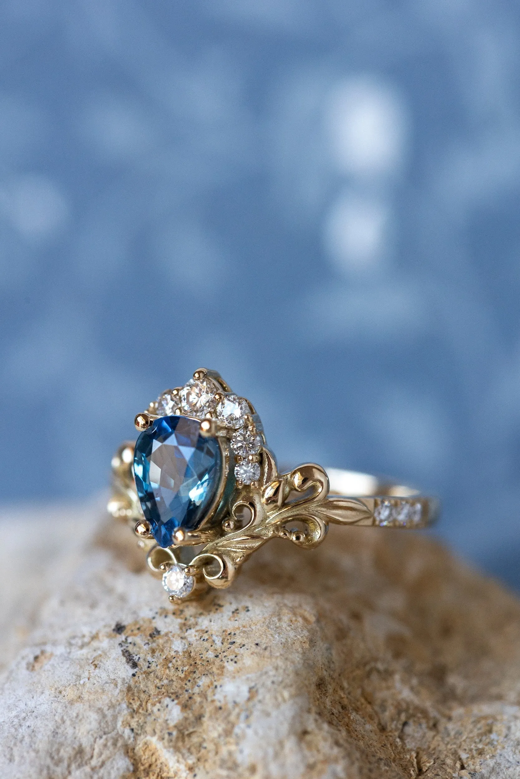 READY TO SHIP: Sophie ring in 14K yellow gold, natural blue sapphire pear cut 8x6 mm, accent natural diamonds, AVAILABLE RING SIZES: 6-8US