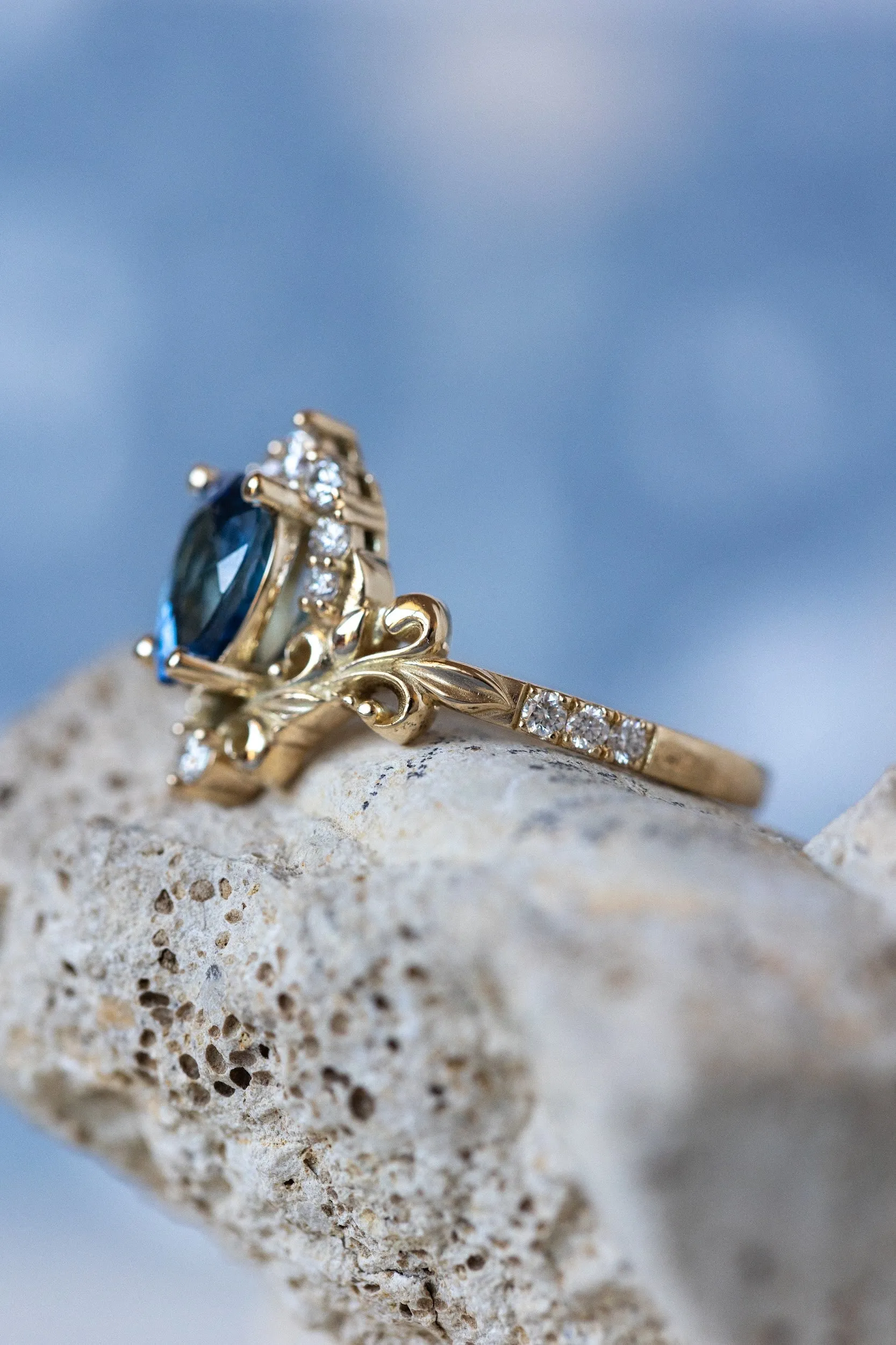 READY TO SHIP: Sophie ring in 14K yellow gold, natural blue sapphire pear cut 8x6 mm, accent natural diamonds, AVAILABLE RING SIZES: 6-8US