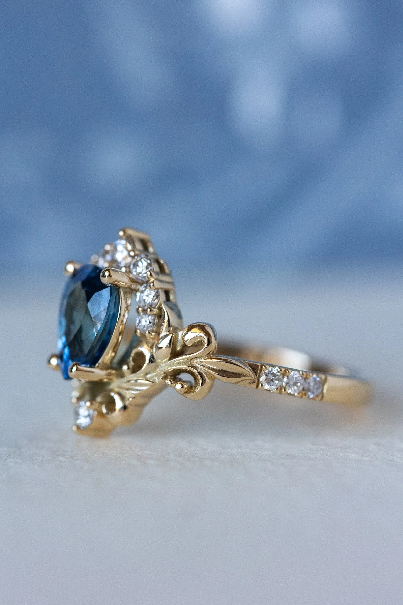 READY TO SHIP: Sophie ring in 14K yellow gold, natural blue sapphire pear cut 8x6 mm, accent natural diamonds, AVAILABLE RING SIZES: 6-8US