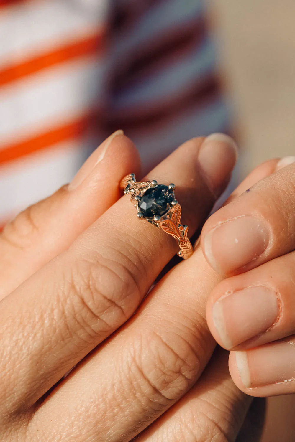 Salt and pepper diamond engagement ring, gold leaves engagement ring / Freesia