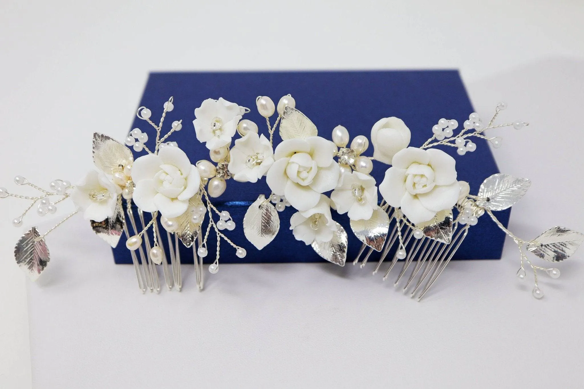 Swarovski Crystals Large Ceramic Flowers & Freshwater Pearls Hair Comb, Bridal Hair piece, Bridal Hair Accessories, Wedding Hair Accessory.