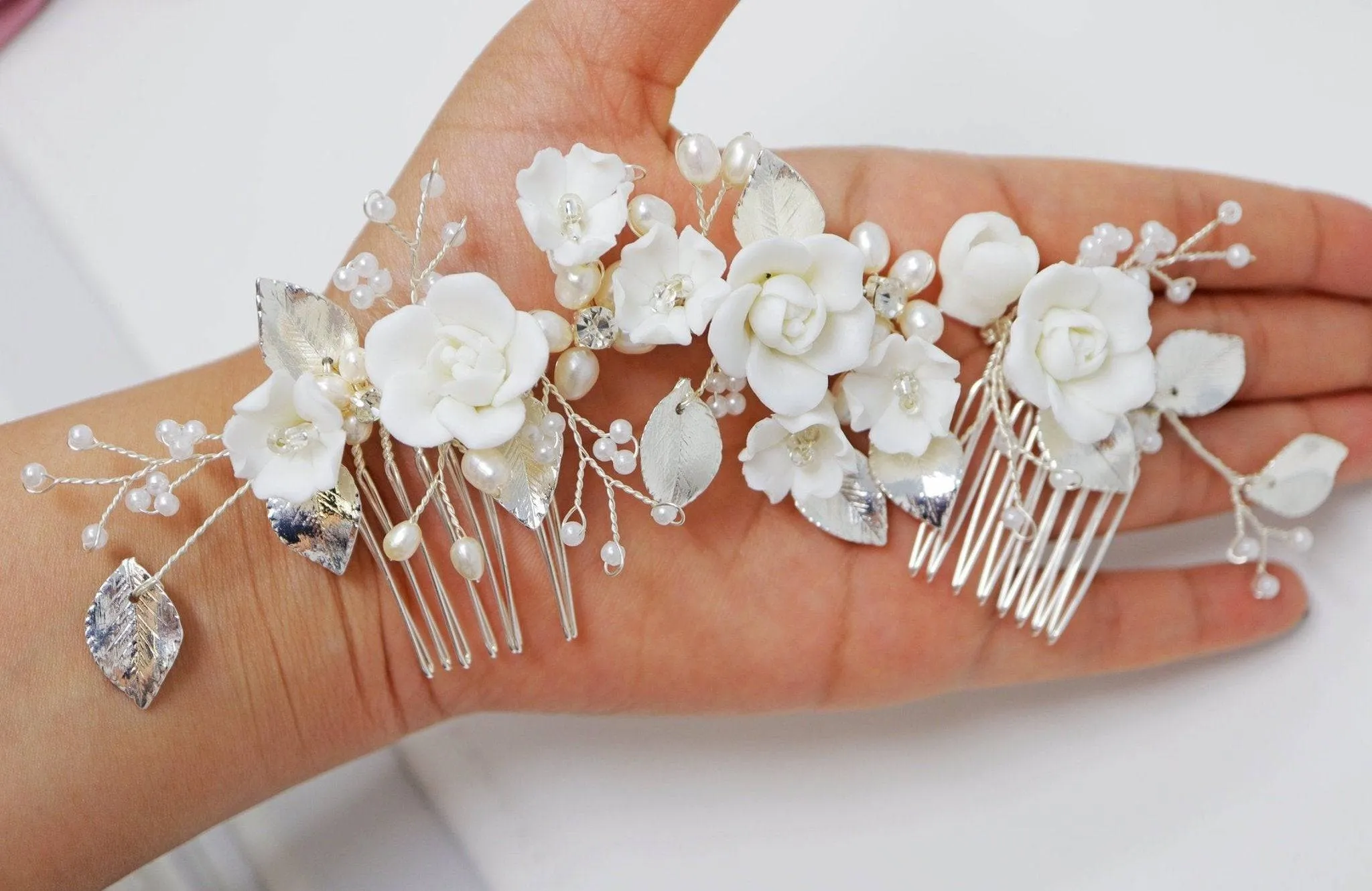 Swarovski Crystals Large Ceramic Flowers & Freshwater Pearls Hair Comb, Bridal Hair piece, Bridal Hair Accessories, Wedding Hair Accessory.