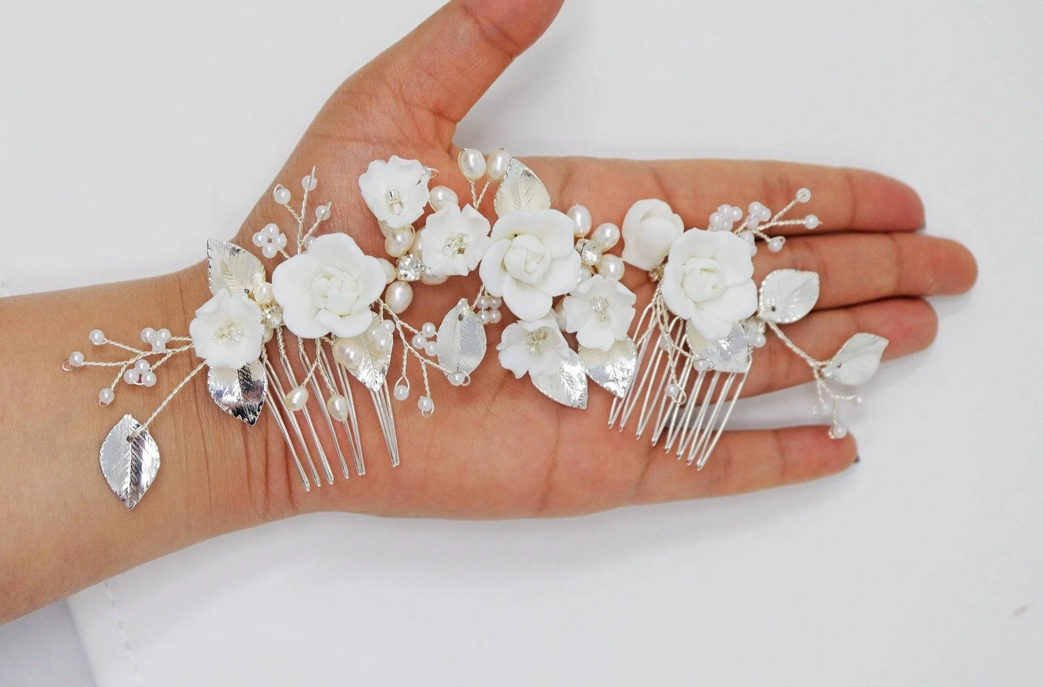 Swarovski Crystals Large Ceramic Flowers & Freshwater Pearls Hair Comb, Bridal Hair piece, Bridal Hair Accessories, Wedding Hair Accessory.