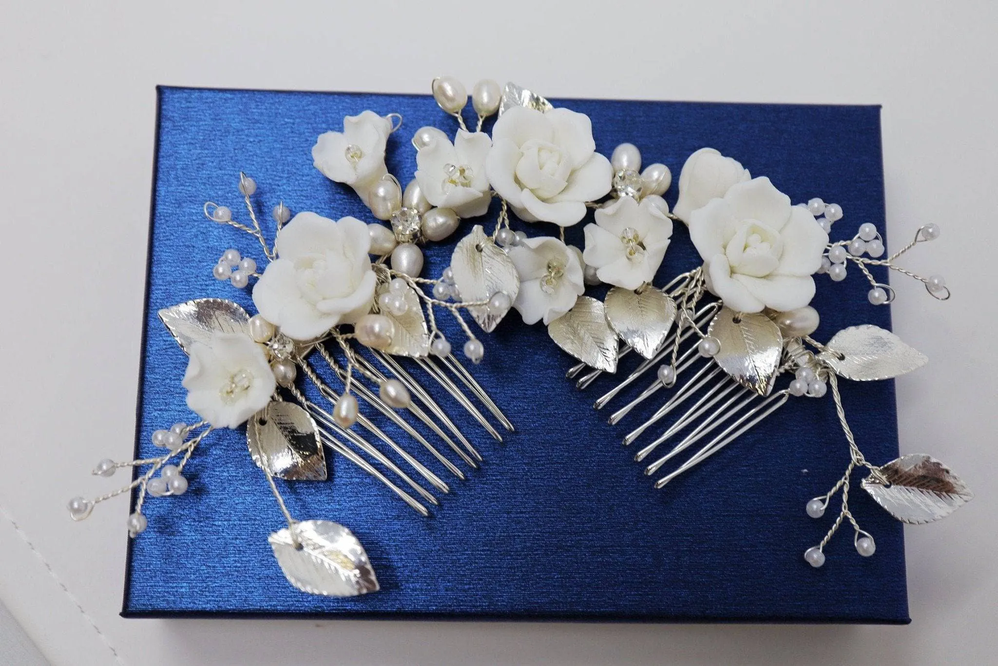 Swarovski Crystals Large Ceramic Flowers & Freshwater Pearls Hair Comb, Bridal Hair piece, Bridal Hair Accessories, Wedding Hair Accessory.