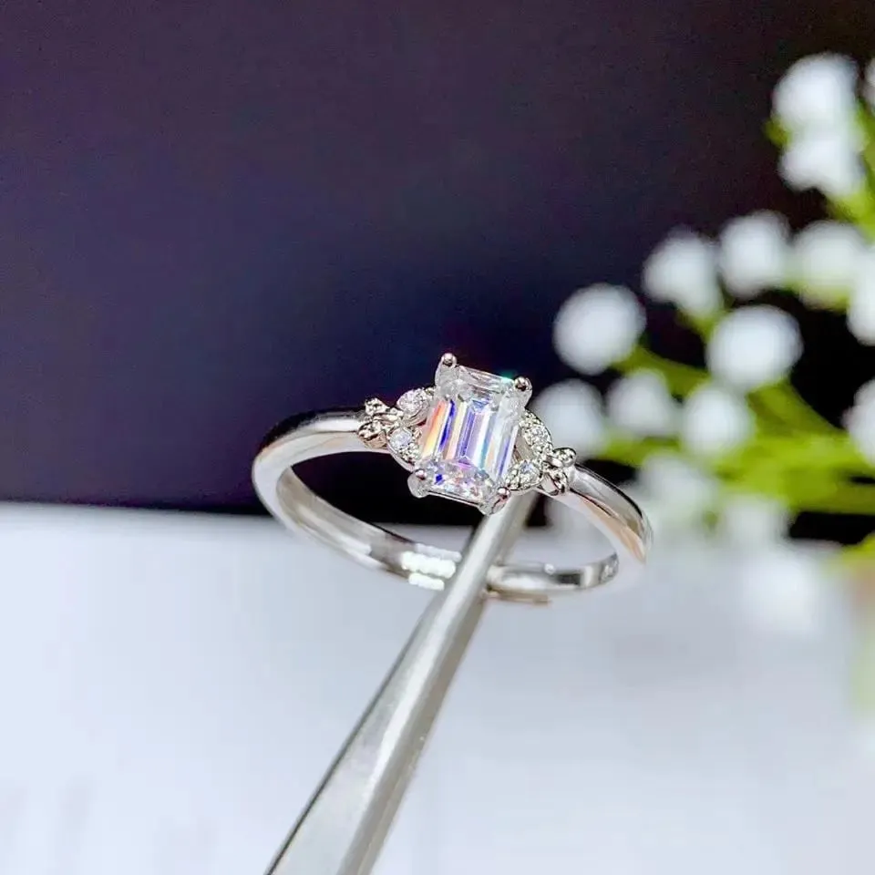 White Gold Plated Emerald Cut Moissanite Ring 0.5ct