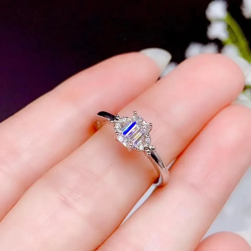 White Gold Plated Emerald Cut Moissanite Ring 0.5ct