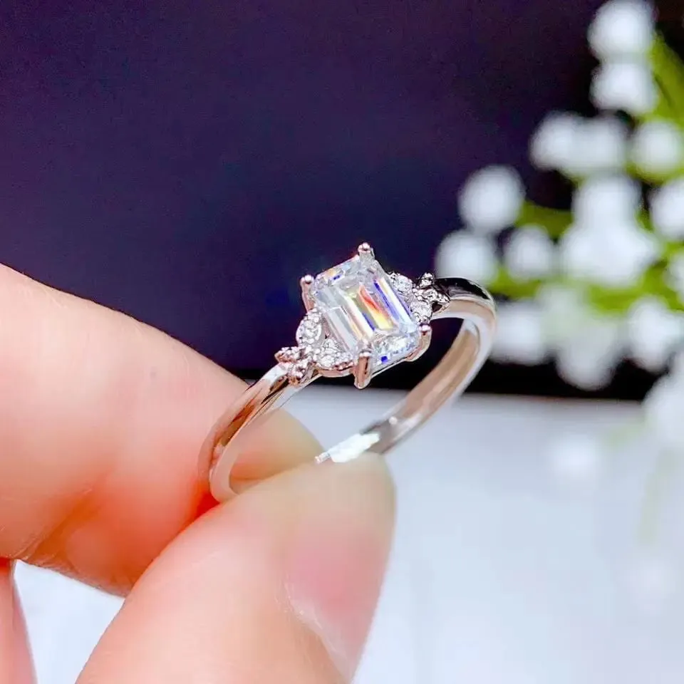 White Gold Plated Emerald Cut Moissanite Ring 0.5ct